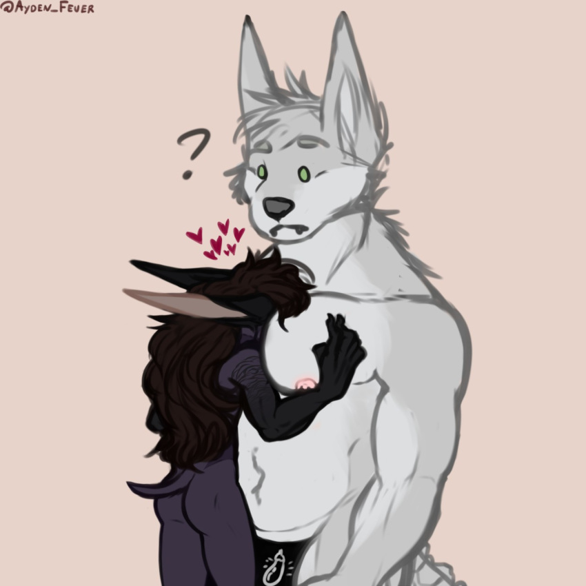 1:1 anthro ayden_(character) ayden_feuer biceps canid canine canis crocodile crocodilian crocodylid cuddling digital_media_(artwork) duo girly hair hi_res hybrid jackal kadoo love male male/male mammal muscular muscular_anthro muscular_male nipples pecs reptile romantic_couple scalie simple_background wolf wolfdile