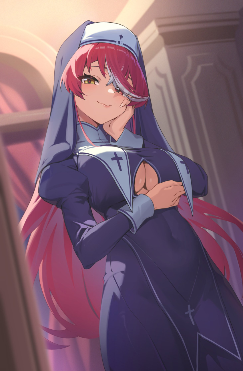 breasts clothing_cutout coif covered_navel cross eyes_visible_through_hair from_below habit hand_on_own_face hand_up head_tilt heterochromia highres hololive houshou_marine houshou_marine_(nun) impossible_clothes indoors large_breasts long_hair looking_at_viewer nun red_eyes red_hair reulem smile underboob underboob_cutout virtual_youtuber yellow_eyes