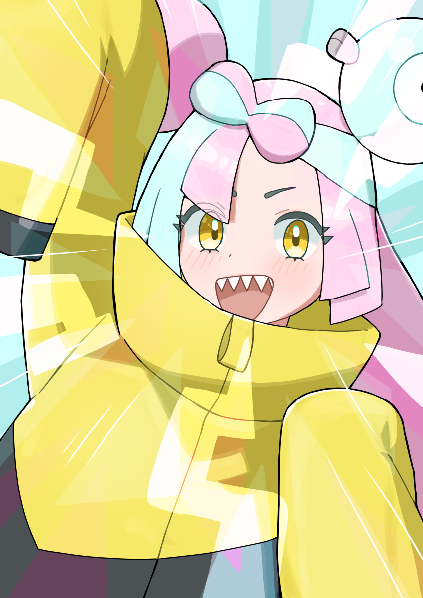 1girl :d absurdres arm_up blush bow-shaped_hair character_hair_ornament emphasis_lines green_hair hair_ornament happy highres iono_(pokemon) jacket looking_at_viewer multicolored_hair open_mouth pink_hair pokemon pokemon_sv rumorumo0103 sleeves_past_fingers sleeves_past_wrists smile solo teeth two-tone_hair upper_body upper_teeth_only yellow_eyes yellow_jacket