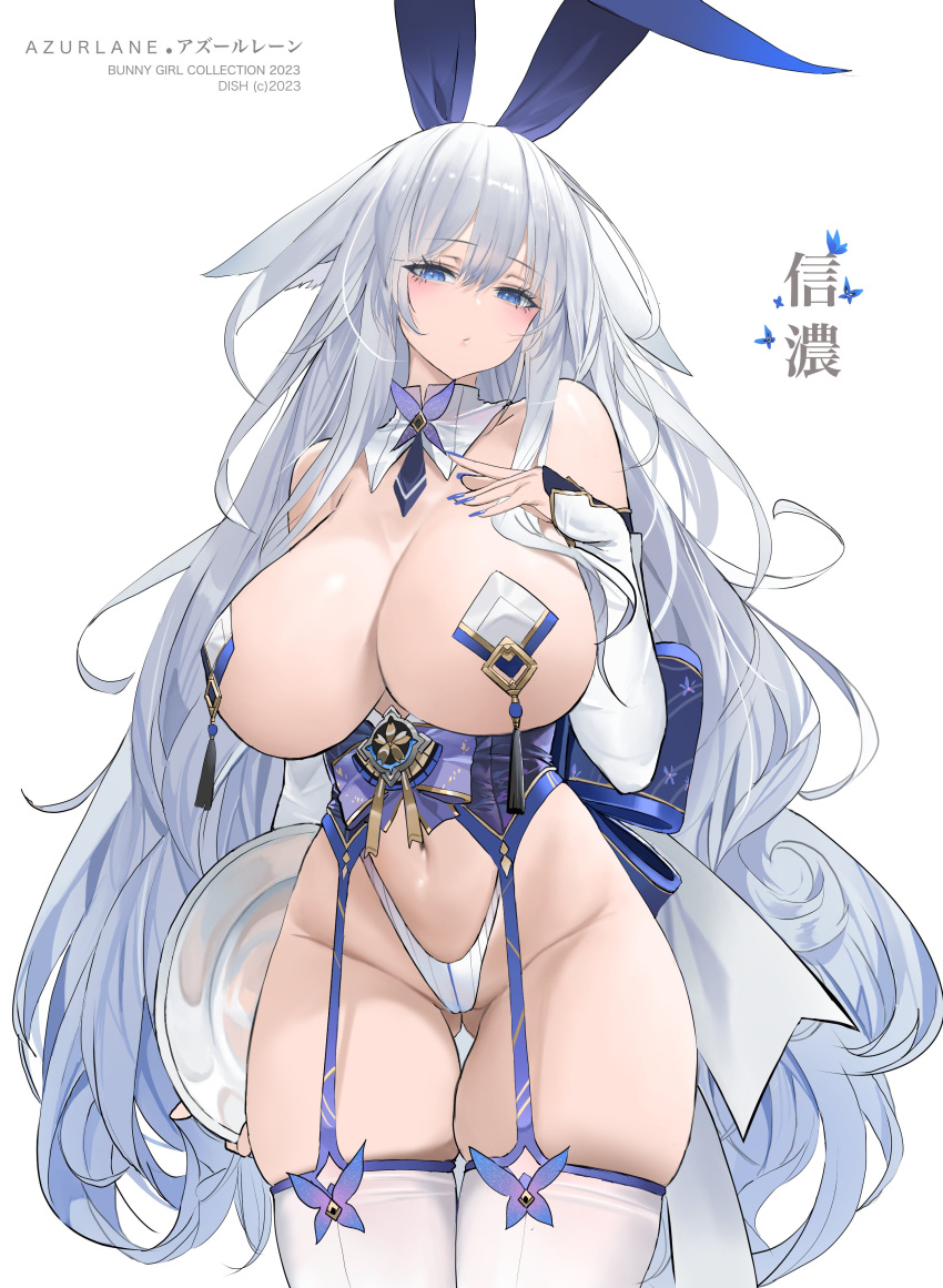 1girl absurdres alternate_costume animal_ears artist_name ass_visible_through_thighs azur_lane blue_eyes blue_nails breasts chinese_zodiac copyright_name detached_sleeves dishwasher1910 fake_animal_ears fingernails garter_straps highres large_breasts long_hair looking_at_viewer nail_polish navel nipple_tassels pasties rabbit_ears shinano_(azur_lane) simple_background solo thighhighs thighs very_long_hair white_background white_hair white_sleeves white_thighhighs year_of_the_rabbit