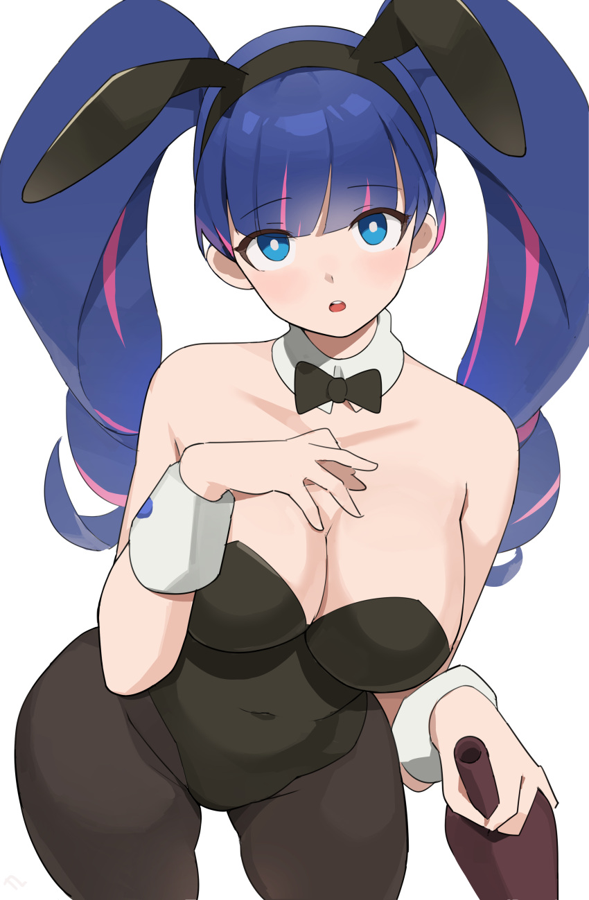 1girl :o absurdres animal_ears bare_shoulders black_bow black_bowtie black_hairband black_leotard black_pantyhose blue_eyes blush bottle bow bowtie breasts cleavage collar collarbone covered_navel detached_collar english_commentary hairband hand_on_own_chest highres holding holding_bottle huge_breasts leotard long_hair looking_at_viewer multicolored_hair panty_&amp;_stocking_with_garterbelt pantyhose pink_hair playboy_bunny purple_hair rabbit_ears simple_background solo stocking_(psg) strapless strapless_leotard streaked_hair t-lex teeth thighs twintails upper_teeth_only white_background white_collar white_wrist_cuffs wrist_cuffs