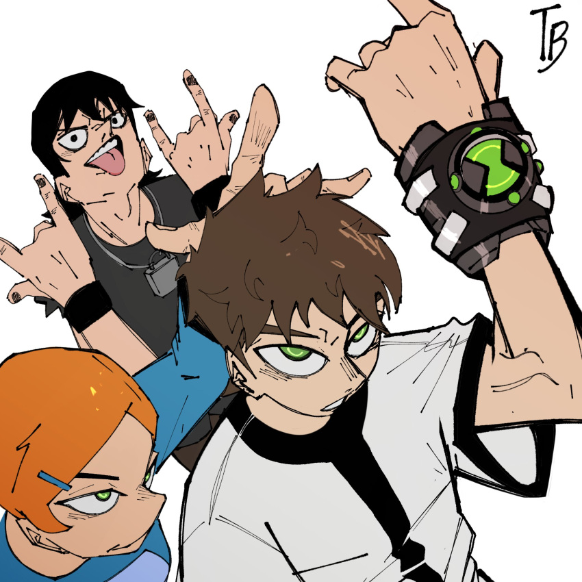 1girl 2boys bags_under_eyes ben_10 ben_tennyson black_eyes black_hair brown_hair cousins green_eyes gwen_tennyson hair_ornament hairclip highres kevin_levin multiple_boys omnitrix orange_hair shirt sleeveless sleeveless_shirt thatboy_studio