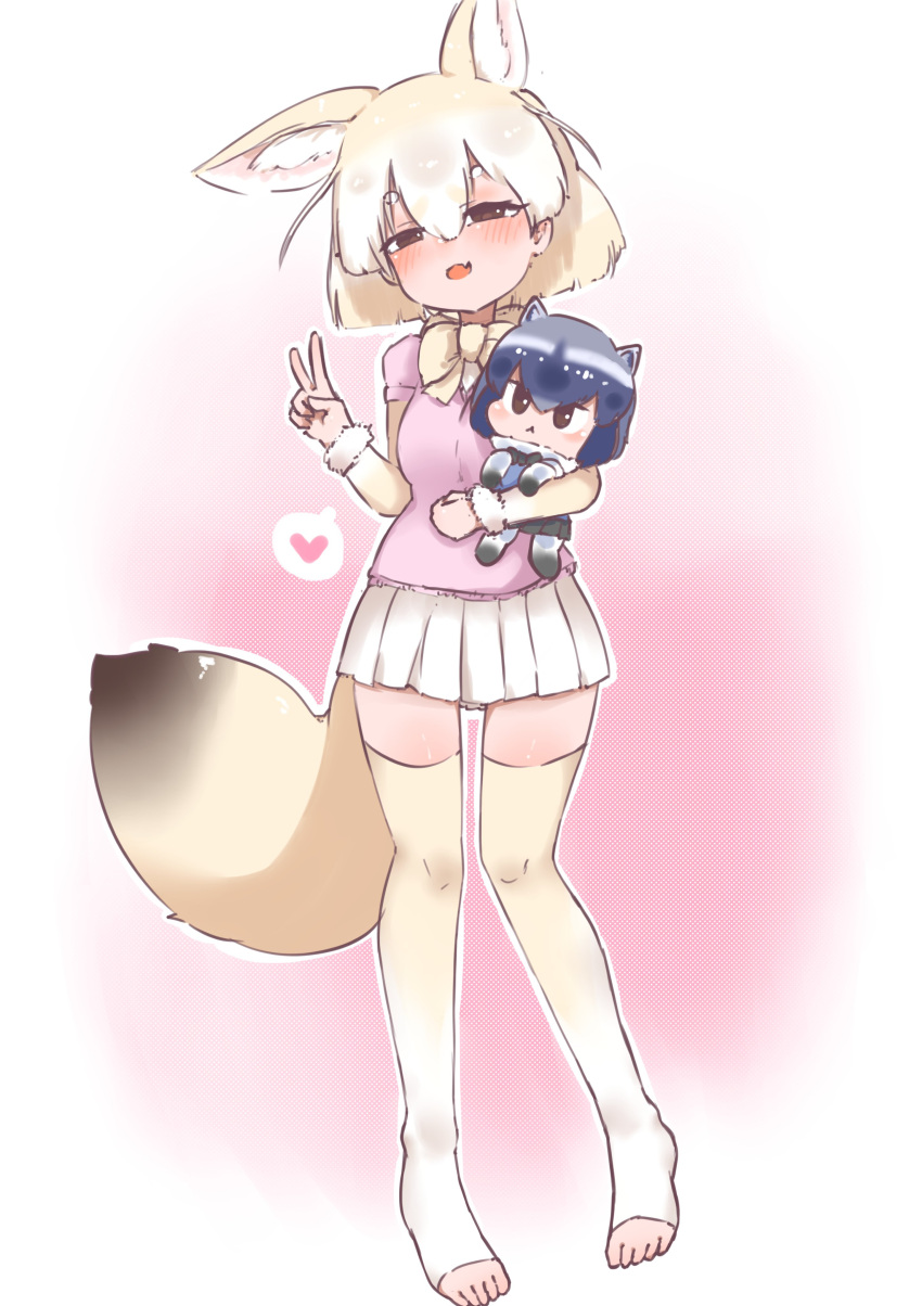 1girl absurdres animal_ears black_hair blonde_hair blush bow bowtie brown_eyes chai_chai_huishi character_doll common_raccoon_(kemono_friends) extra_ears fennec_(kemono_friends) fox_ears fox_tail gloves heart highres kemono_friends multicolored_hair open_mouth pink_sweater raccoon_ears raccoon_girl raccoon_tail shirt short-sleeved_sweater short_hair short_sleeves skirt smile solo sweater tail v white_hair yellow_bow yellow_bowtie