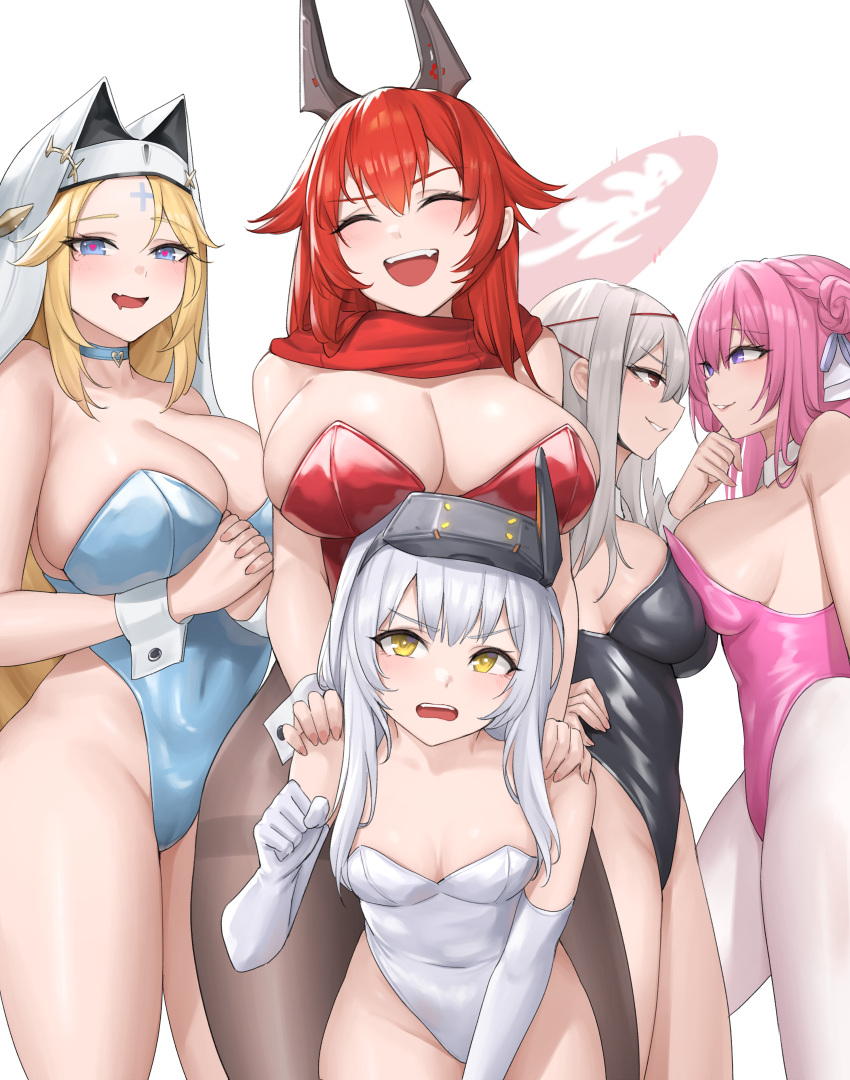 5girls :d ^_^ absurdres alternate_costume black_horns black_leotard blonde_hair blue_leotard breast_press breasts cleavage closed_eyes commentary_request dorothy_(nikke) elbow_gloves gloves goddess_of_victory:_nikke grey_hair head-mounted_display highres horns kurone_rinka large_breasts leotard long_hair looking_at_another looking_at_viewer medium_breasts multiple_girls nun open_mouth pink_hair pink_leotard rapunzel_(nikke) red_eyes red_hair red_hood_(nikke) red_leotard red_pupils red_scarf scarf scarlet_(nikke) simple_background smile snow_white_(innocent_days)_(nikke) snow_white_(nikke) symmetrical_docking thighs white_background white_gloves white_leotard yellow_eyes