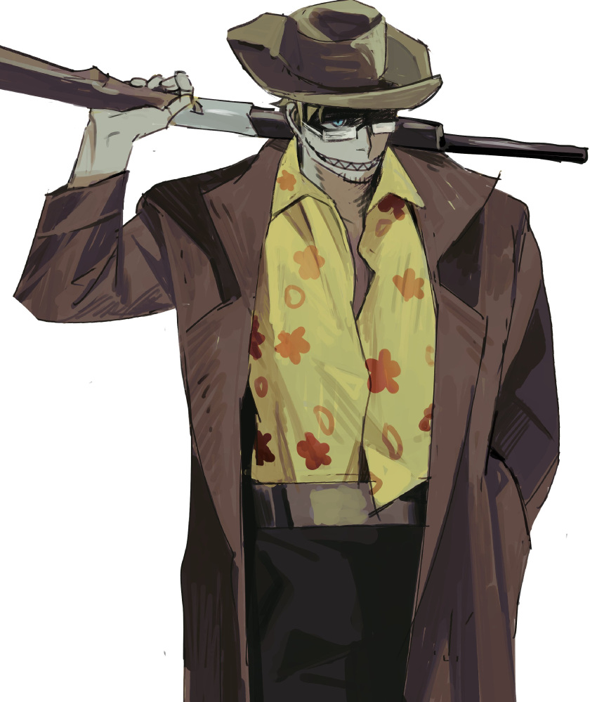 1boy absurdres arm_up black_pants blonde_hair blue_eyes brown_coat brown_hat chinese_commentary coat collared_coat collared_shirt commentary_request cowboy_shot facial_hair floral_print glasses goatee_stubble grin gun hand_in_pocket highres holding holding_gun holding_weapon long_sleeves male_focus original over_shoulder pants partially_shaded_face rifle sharp_teeth shirt simple_background smile solo standing stubble teeth weapon weapon_over_shoulder white_background yellow_shirt yulei_yuuuuu