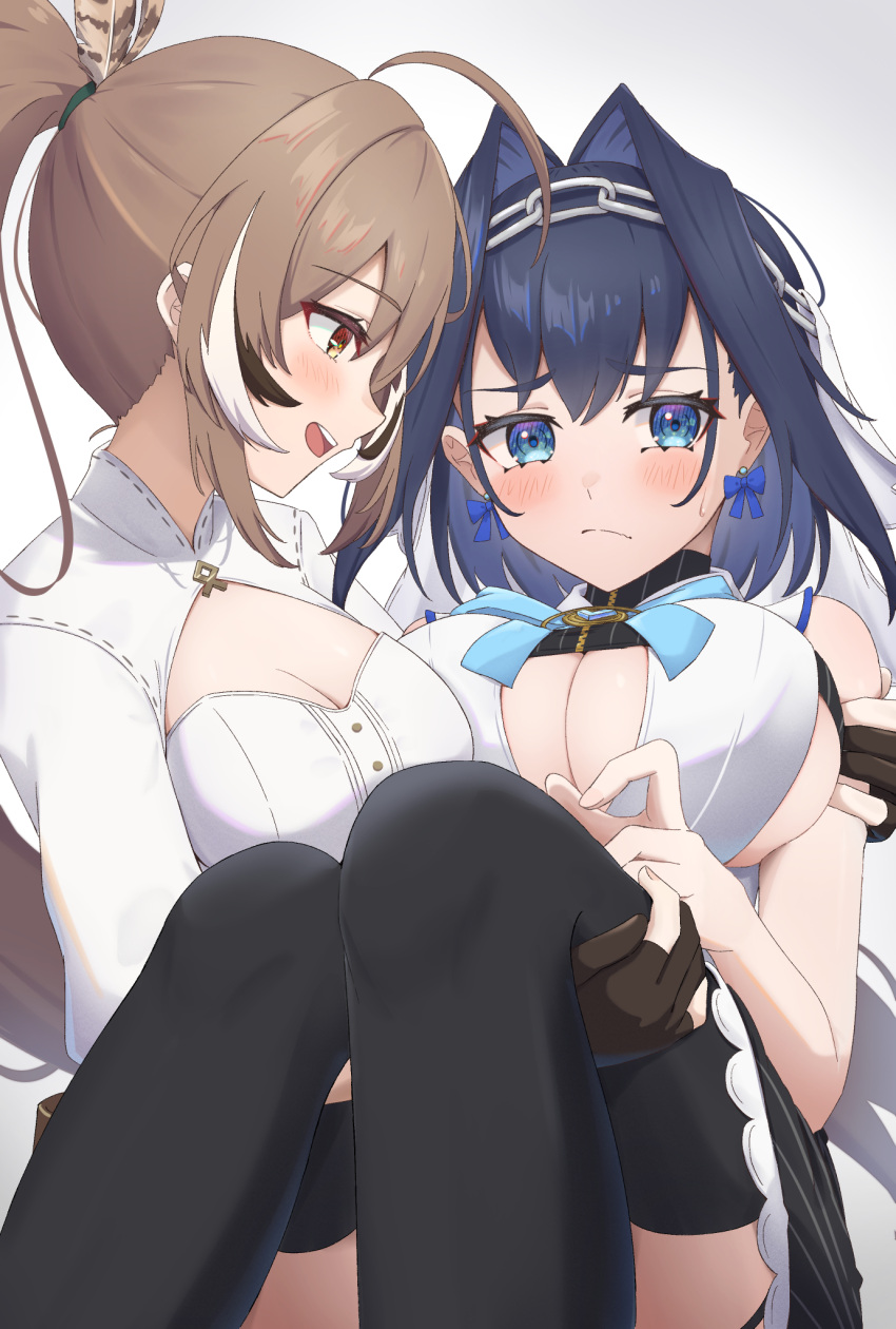 2girls black_thighhighs blue_eyes blue_hair blush bow bow_earrings breasts brown_eyes brown_hair carrying chahanramen cleavage earrings feather_hair_ornament feathers gloves hair_intakes hair_ornament highres hololive hololive_english jewelry large_breasts long_hair medium_breasts multiple_girls nanashi_mumei nanashi_mumei_(1st_costume) ouro_kronii ouro_kronii_(1st_costume) partially_fingerless_gloves ponytail princess_carry thighhighs virtual_youtuber yuri