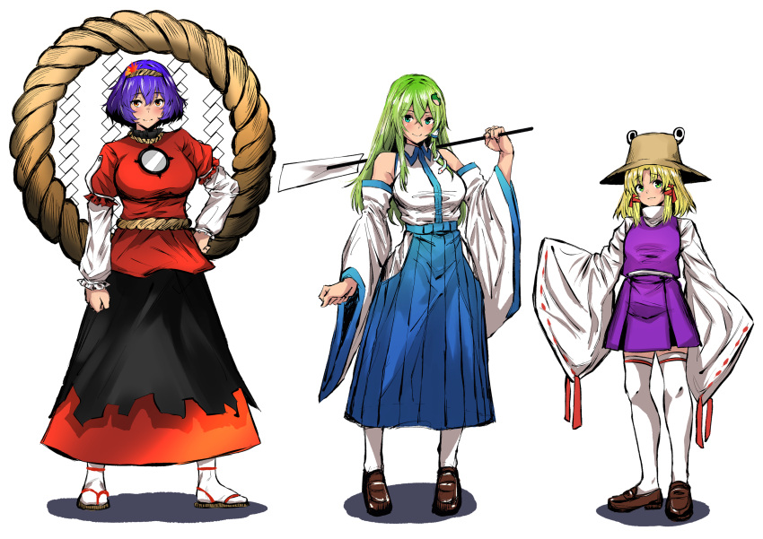 3girls absurdres bare_shoulders black_skirt blonde_hair blue_eyes blue_hakama breasts brown_footwear brown_hat collared_shirt commentary_request detached_sleeves flip-flops frog_hair_ornament full_body green_hair hair_ornament hakama hakama_skirt highres hip_vent japanese_clothes kochiya_sanae large_breasts layered_sleeves leaf_hair_ornament loafers long_hair long_sleeves medium_breasts medium_hair mirror moriya_suwako multiple_girls purple_hair purple_skirt purple_vest red_shirt red_skirt rope sandals sen_(daydream_53) shimenawa shirt shoes short_over_long_sleeves short_sleeves sidelocks simple_background skirt small_breasts snake socks standing thighhighs touhou turtleneck vest white_background white_shirt white_sleeves white_socks white_thighhighs wide_sleeves yasaka_kanako