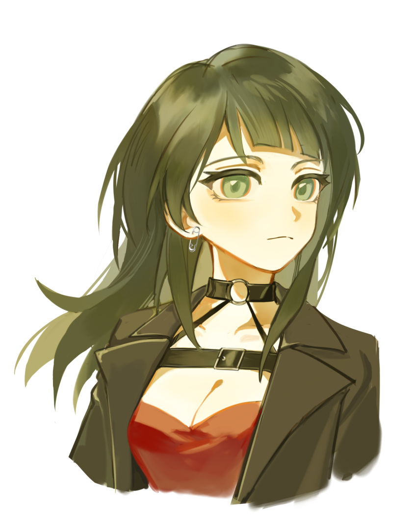 1girl absurdres bang_dream! bang_dream!_it's_mygo!!!!! black_jacket breasts chest_strap cleavage closed_mouth commentary earrings green_eyes green_hair hashtag-only_commentary highres jacket jewelry long_hair looking_at_viewer medium_breasts open_clothes open_jacket red_shirt safety_pin_piercing shirt simple_background solo upper_body white_background yahata_umiri zhao_yifei