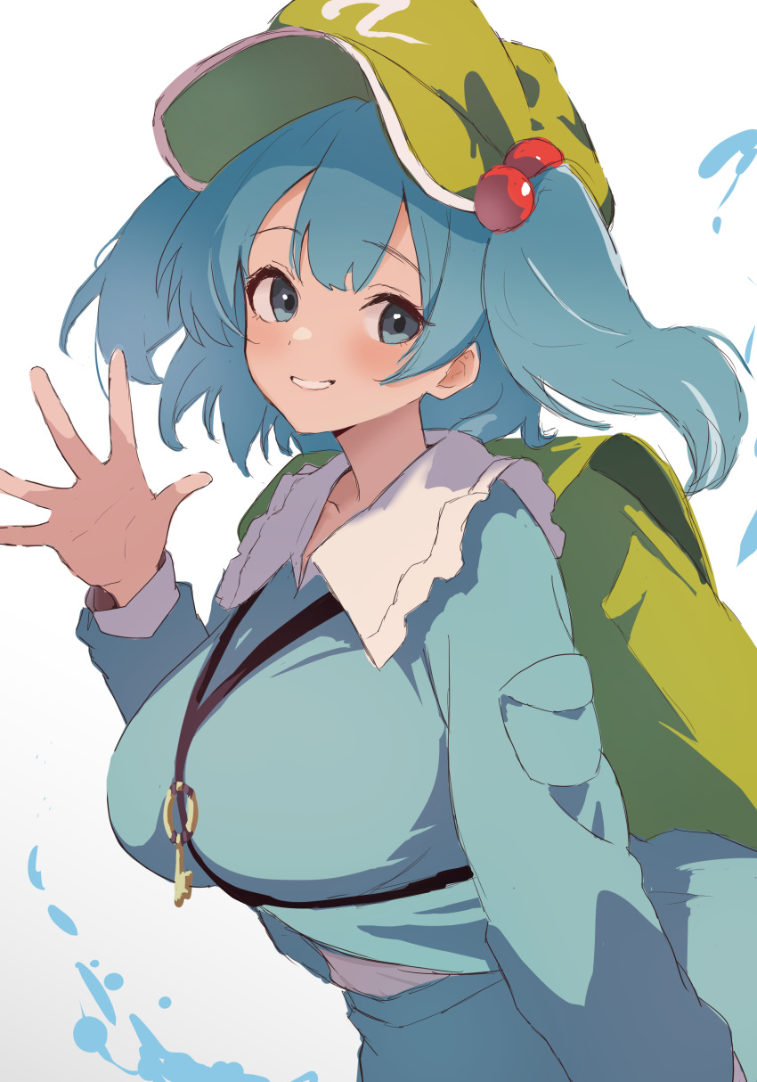 1girl absurdres backpack bag blue_eyes blue_hair blue_jacket blue_skirt blush breasts cabbie_hat commentary_request flat_cap green_bag green_hat grin hair_bobbles hair_ornament hat highres jacket jewelry kawashiro_nitori key key_necklace large_breasts long_sleeves looking_at_viewer medium_hair moriforest1040 necklace pocket shirt simple_background skirt skirt_set smile solo touhou two_side_up undershirt upper_body waving white_background white_shirt