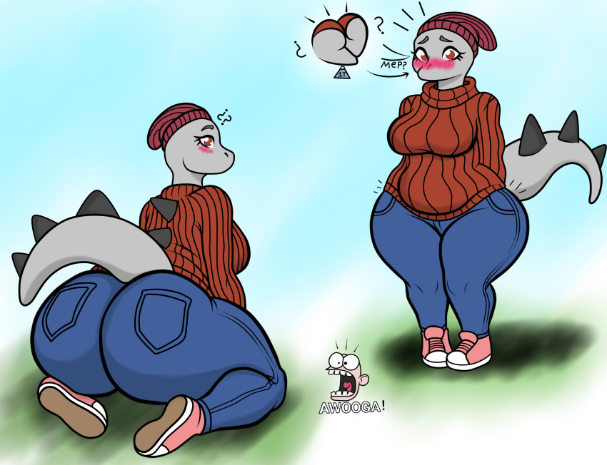 anthro awooga_(meme) beanie big_breasts big_butt blush breasts butt butt_focus cavemanon_studios clothing colored dinosaur dizzy_weas erin_(snoot_game) female footwear grey_body grey_scales hat headgear headwear hi_res human long_tail mammal pink_clothing pink_footwear pink_shoes plantigrade red_eyes reptile scales scalie shoes simple_background slightly_chubby snoot_game snout solo spiked_back spiked_tail spikes spikes_(anatomy) standing sweater tail topwear wide_hips
