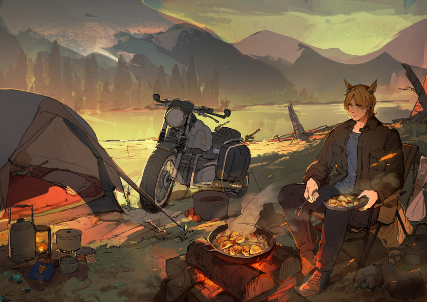 1boy absurdres animal_ears arknights black_jacket black_pants blonde_hair blue_shirt campfire camping camping_chair chair chinese_commentary closed_mouth commentary_request cooking embers evening expressionless eyes_visible_through_hair folding_chair food grass hair_over_one_eye highres holding jacket lantern lonely_(1878056661) long_sleeves mlynar_(arknights) motor_vehicle motorcycle nature on_chair open_clothes open_jacket orange_eyes outdoors pants plant scenery shirt short_hair sitting smoke solo t-shirt tent wide_shot