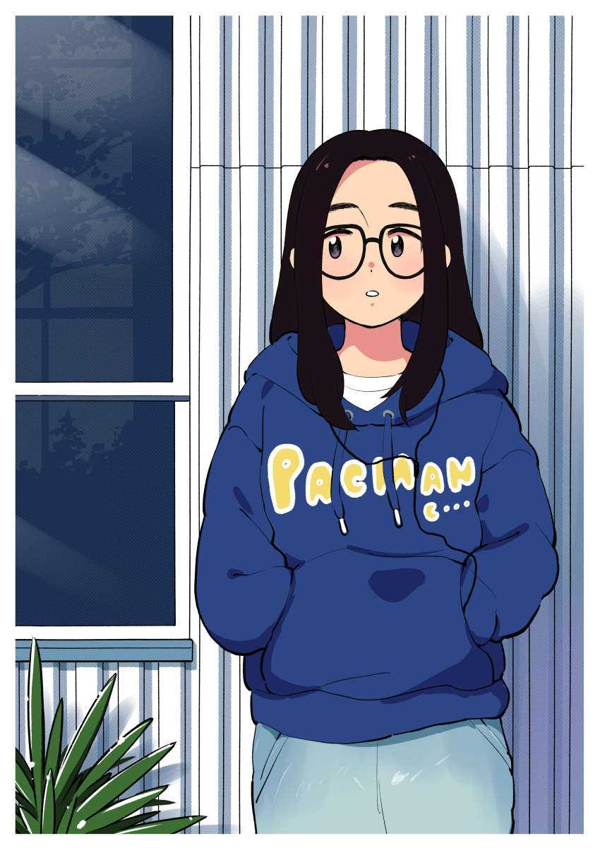 1girl absurdres aragon_honnin black_hair blue_hoodie copyright_name cowboy_shot drawstring expressionless glasses hands_in_pocket highres hood hood_down hoodie long_hair long_sleeves original pac-man pac-man_(game) parted_lips plant reflection solo standing window