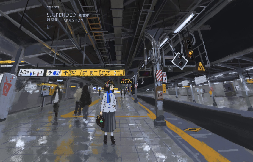 1girl black_footwear black_hair blue_eyes blue_scarf commentary english_commentary grey_skirt hand_in_pocket headphones highres jacket lefko_d original scarf skirt socks solo_focus subway train white_jacket white_socks