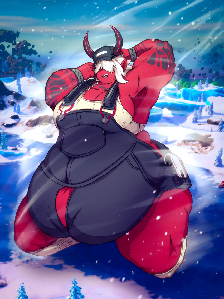 absurd_res anthro belly big_belly chubchubbyart clothed clothing demon demon_humanoid desdemona_(fortnite) epic_games female fortnite hair hat headgear headwear hi_res hidden_eyes horn huge_belly humanoid not_furry obese overalls overweight overweight_anthro overweight_female red_body smilling solo standing tattoo thick_thighs white_hair