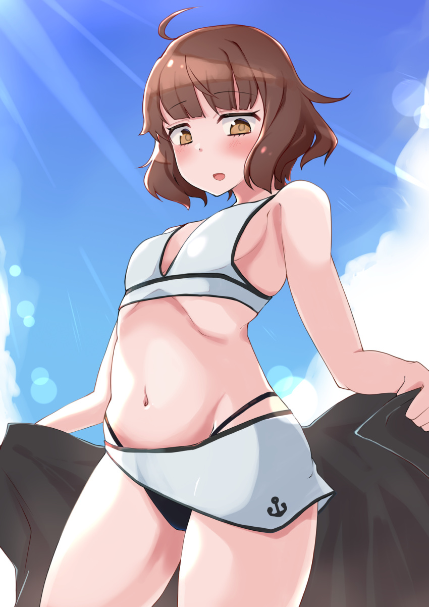 1girl ahoge anchor_symbol bangs bikini bikini_skirt black_sarong blunt_bangs breasts brown_eyes brown_hair commentary_request cowboy_shot highres kantai_collection kishinami_(kantai_collection) komb looking_at_viewer sarong short_hair small_breasts solo swimsuit wavy_hair white_bikini