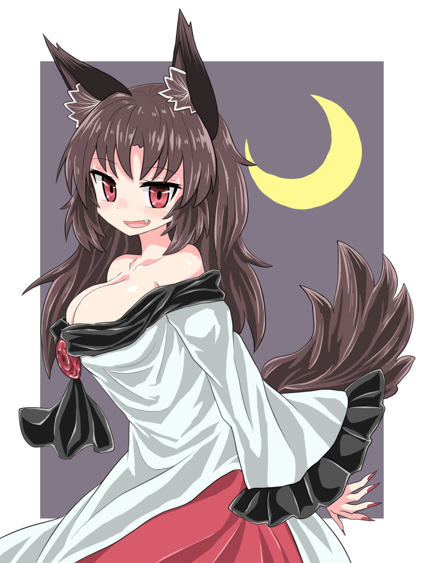 1girl animal_ears bangs black_frills breasts brooch brown_hair brown_tail chups cleavage crescent_moon dress eyebrows_visible_through_hair fang fingernails frilled_sleeves frills highres imaizumi_kagerou jewelry large_breasts long_fingernails long_hair long_sleeves looking_at_viewer moon night open_mouth outdoors red_eyes red_nails smile solo tail touhou white_dress wide_sleeves wolf_ears wolf_tail