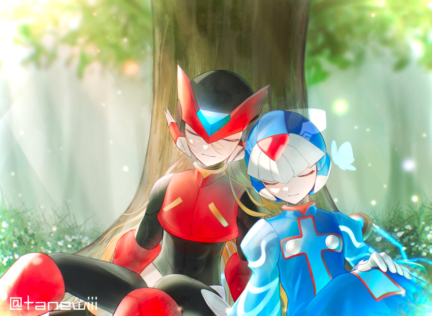 2boys absurdres against_tree armor black_bodysuit blonde_hair blue_helmet blue_robe blurry blurry_background bodysuit cyber_elf_x_(mega_man) forehead_jewel highres long_hair mega_man_(series) mega_man_zero_(series) multiple_boys nature outdoors red_armor red_helmet robe tanewiii tree twitter_username x_(mega_man) zero(z)_(mega_man) zero_(mega_man)