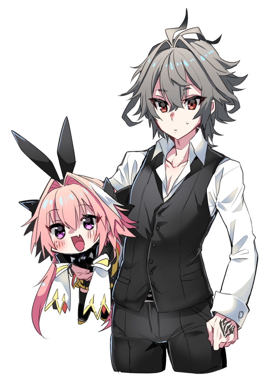 2boys ahoge animal_ears astolfo_(fate) astolfo_(saber)_(fate) black_bow black_bowtie black_gloves black_pants black_shirt black_thighhighs black_vest blush bow bowtie carrying carrying_under_arm chibi closed_mouth collarbone command_spell cropped_legs crossed_bangs dress_shirt fake_animal_ears fang fate/apocrypha fate/grand_order fate_(series) gloves grey_hair hair_between_eyes hair_bow hair_intakes haoro highres long_hair long_sleeves multicolored_hair multiple_boys open_mouth orange_eyes otoko_no_ko pants partially_unbuttoned pectoral_cleavage pectorals pink_hair purple_eyes rabbit_ears red_eyes shirt short_hair sieg_(fate) simple_background skin_fang smile streaked_hair sweatdrop thighhighs twintails two-tone_hair very_long_hair vest waistcoat white_background white_hair white_shirt white_sleeves wide_sleeves wing_collar