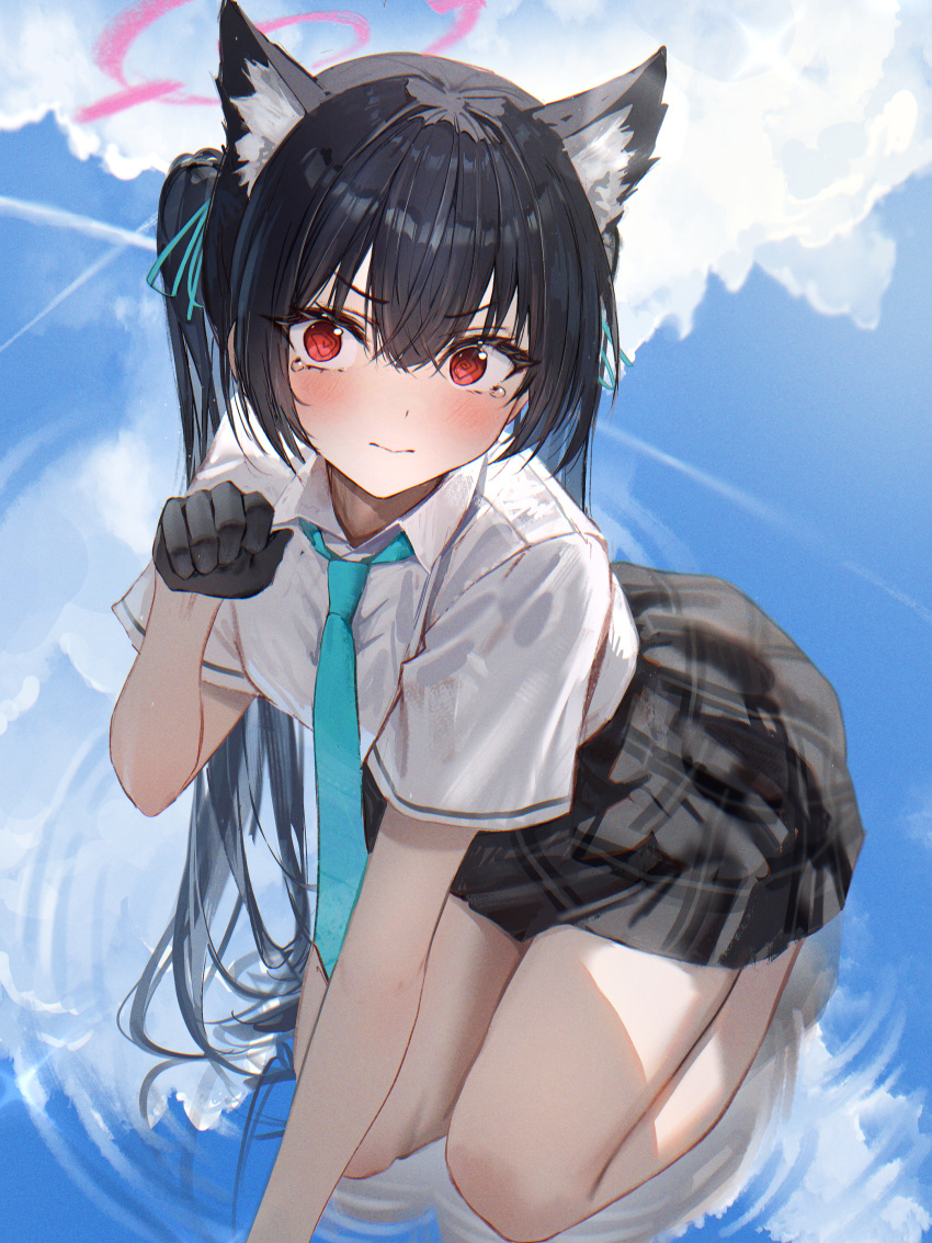 1girl @_@ absurdres animal_ear_fluff animal_ears aqua_necktie aqua_ribbon black_gloves black_hair black_skirt blue_archive cat_ears closed_mouth collar collared_shirt gloves hair_ribbon halo hidulume highres kneeling long_hair looking_at_viewer necktie paw_pose red_eyes ribbon school_uniform serika_(blue_archive) shirt short_sleeves skirt solo tearing_up twintails white_collar white_shirt