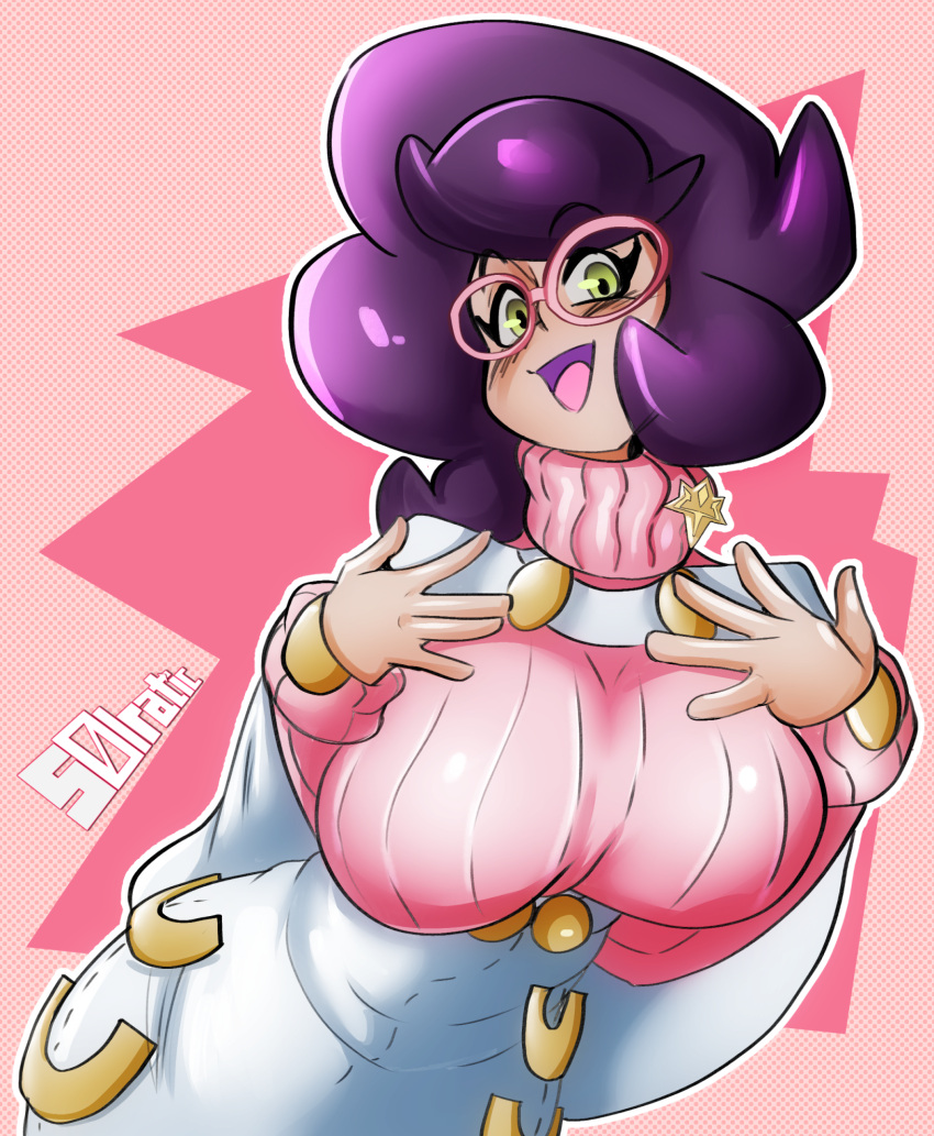 1girl artist_name big_hair blush breasts buttons capelet glasses green_eyes hands_on_own_chest high-waist_skirt highres large_breasts long_sleeves medium_skirt pencil_skirt pink-framed_eyewear pink_background pink_sweater pokemon pokemon_sm purple_hair ribbed_sweater sketch skirt solo solratic sweater turtleneck turtleneck_sweater upper_body white_capelet white_skirt wicke_(pokemon)