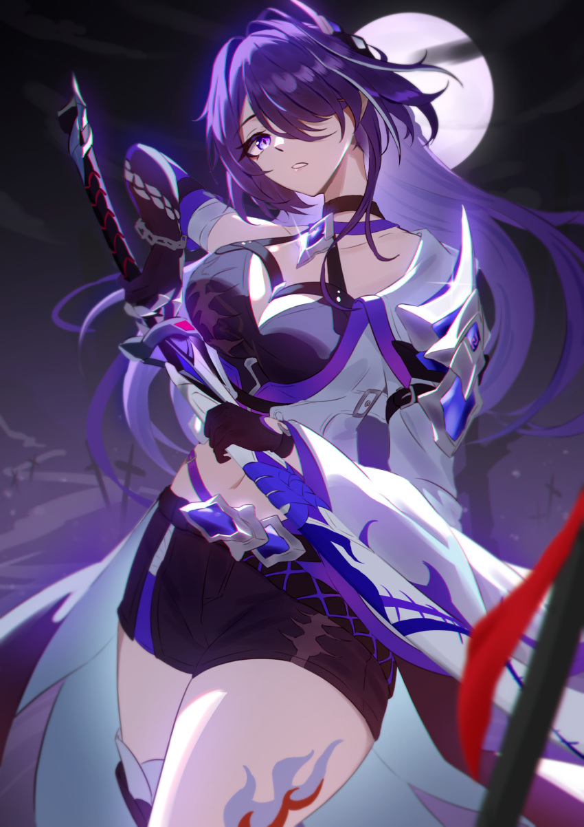 1girl acheron_(honkai:_star_rail) black_choker black_gloves black_shorts choker commentary cowboy_shot gloves hair_over_one_eye halterneck highres honkai:_star_rail honkai_(series) katana leg_tattoo long_hair looking_at_viewer midriff naeeeegi navel purple_eyes purple_hair scabbard sheath sheathed short_shorts shorts single_bare_shoulder solo standing sword tattoo thighs very_long_hair weapon