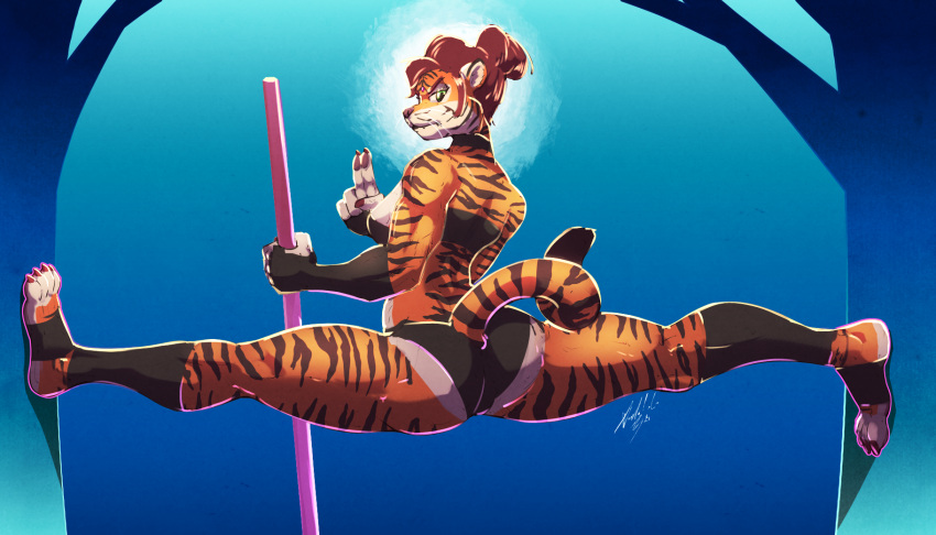 anthro breasts butt clothed clothing felid female flexible hi_res jaeger_wunderkind mammal pantherine solo splits spread_legs spreading stripes tiger tight_clothing