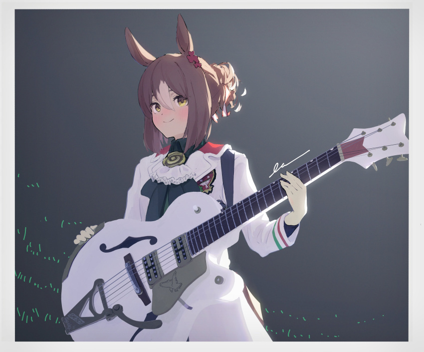 1girl absurdres animal_ears ascot black_shirt blush border breasts brown_hair closed_mouth coat collared_shirt fine_motion_(umamusume) gretsch gretsch_white_falcon grey_border guitar hair_bun highres holding holding_guitar holding_instrument horse_ears instrument long_sleeves looking_at_viewer shirt short_hair sign small_breasts smile solo takahashi_(user_ctpu5572) umamusume white_coat yellow_eyes