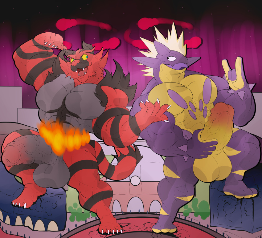 absurd_res amped_toxtricity anthro balls barazoku biceps big_balls big_penis building destruction duo erection genitals hi_res huge_balls humanoid_genitalia humanoid_penis hyper incineroar incrediblecrocodile macro male male/male micro muscular muscular_male nintendo open_mouth penis pok&eacute;mon pok&eacute;mon_(species) purple_body toxtricity video_games