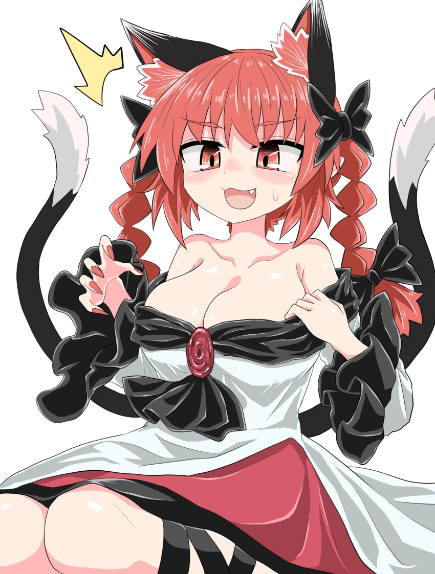 1girl animal_ears bangs black_bow black_frills black_legwear black_tail bow braid breasts brooch cat_ears cat_tail chups cleavage cosplay dress extra_ears eyebrows_visible_through_hair fang hair_bow highres imaizumi_kagerou imaizumi_kagerou_(cosplay) jewelry kaenbyou_rin large_breasts long_sleeves multiple_tails off-shoulder_dress off_shoulder open_mouth red_eyes red_hair red_nails short_hair simple_background sitting smile solo sweat tail touhou twin_braids two_tails white_background white_dress wide_sleeves