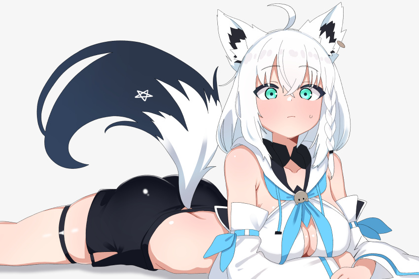 1girl ahoge animal_ear_fluff animal_ears aqua_eyes ass black_shorts blush braid breasts closed_mouth detached_sleeves fox_ears fox_girl fox_tail grey_background hair_between_eyes highres hololive looking_at_viewer lying medium_breasts mingkozus on_stomach shirakami_fubuki shirakami_fubuki_(1st_costume) shorts side_braid simple_background solo tail thigh_strap virtual_youtuber white_hair