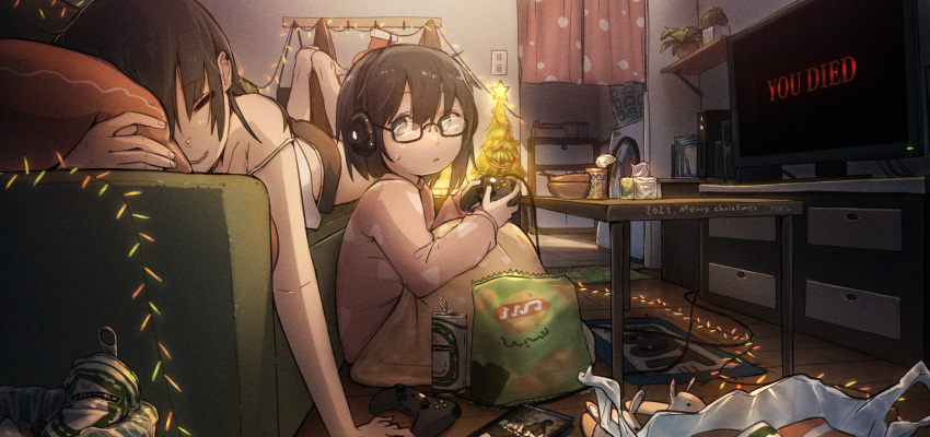 2girls absurdres beer_can bowl can christmas christmas_lights christmas_tree closed_eyes controller couch drink_can game_console game_controller game_over glasses highres light_switch multiple_girls on_couch on_floor original pajamas playing_games rice_bowl scenery signature sitting sleeping sleeveless slippers snack television und2 unworn_slippers washing_machine