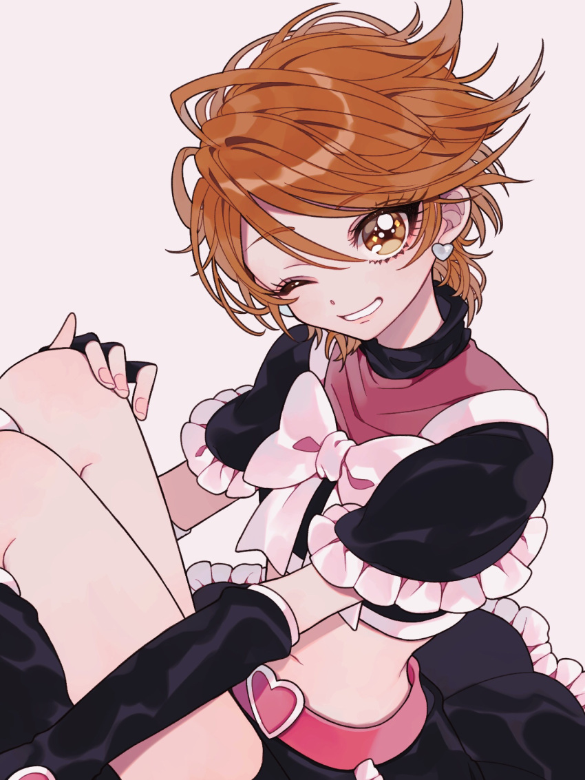 1girl ao_(ao0_0nemu) bad_id bad_pixiv_id belt black_gloves black_skirt brown_eyes brown_hair commentary_request crop_top cure_black earrings fingerless_gloves frilled_skirt frills futari_wa_precure gloves grey_background grin hair_between_eyes hand_on_leg hand_on_own_knee heart highres jewelry looking_at_viewer magical_girl midriff misumi_nagisa one_eye_closed open_mouth pink_belt precure short_hair simple_background sitting skirt smile solo