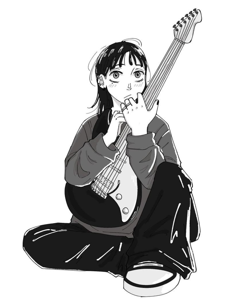 1girl bad_source baggy_clothes baggy_pants black_nails blush choppy_bangs commentary ear_piercing earrings electric_guitar greyscale guitar highres holding holding_guitar holding_instrument instrument jewelry kininatteru_hito_ga_otoko_ja_nakatta koga_mitsuki looking_up medium_hair mole mole_under_eye monochrome multiple_rings nakedcorey pants piercing ring shoes sitting sneakers solo spanish_commentary sweater white_background