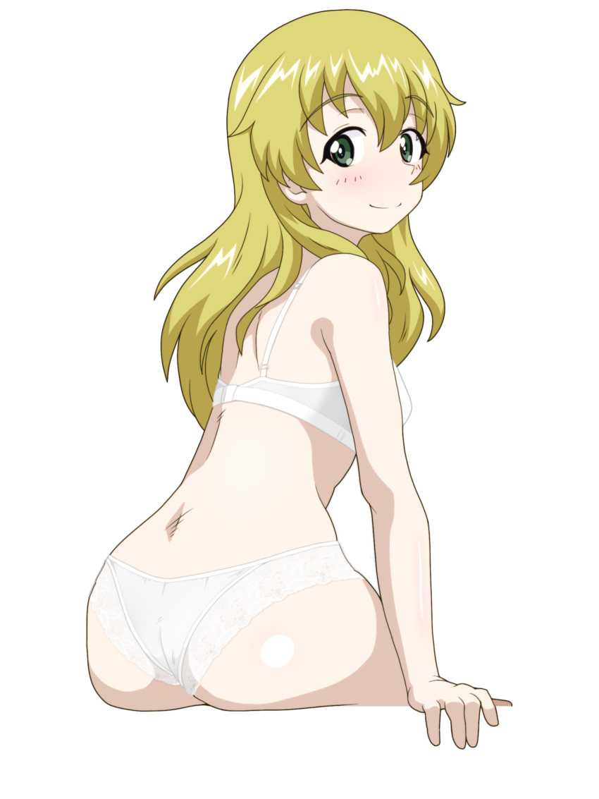 1girl absurdres ass blonde_hair blush bra breasts carpaccio_(girls_und_panzer) closed_mouth girls_und_panzer gogopaint green_eyes highres long_hair looking_at_viewer looking_back medium_breasts panties simple_background sitting smile solo underwear underwear_only white_background white_bra white_panties