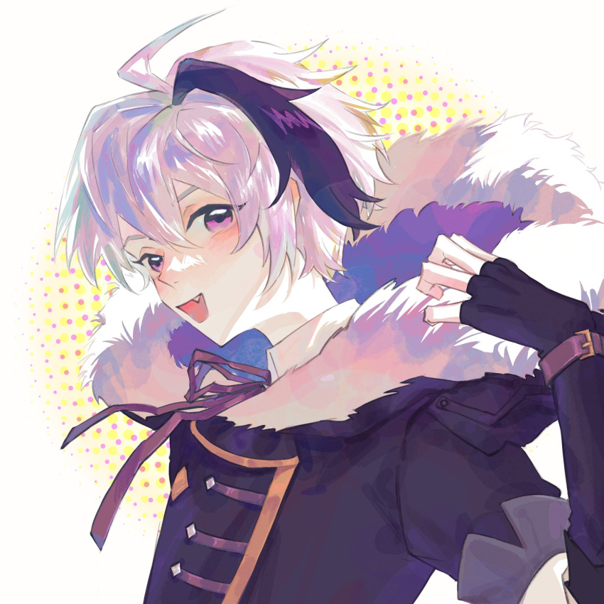 1girl ahoge androgynous black_hair blush coat dress_shirt elbow_gloves flat_chest flower_(vocaloid) flower_(vocaloid4) fur_trim gloves hand_up highres jacket multicolored_hair neck_ribbon purple_eyes purple_ribbon ribbon shirt short_hair simple_background smile tomboy two-tone_hair veither913zeg vocaloid watch white_hair winter_clothes winter_coat winter_uniform wristwatch