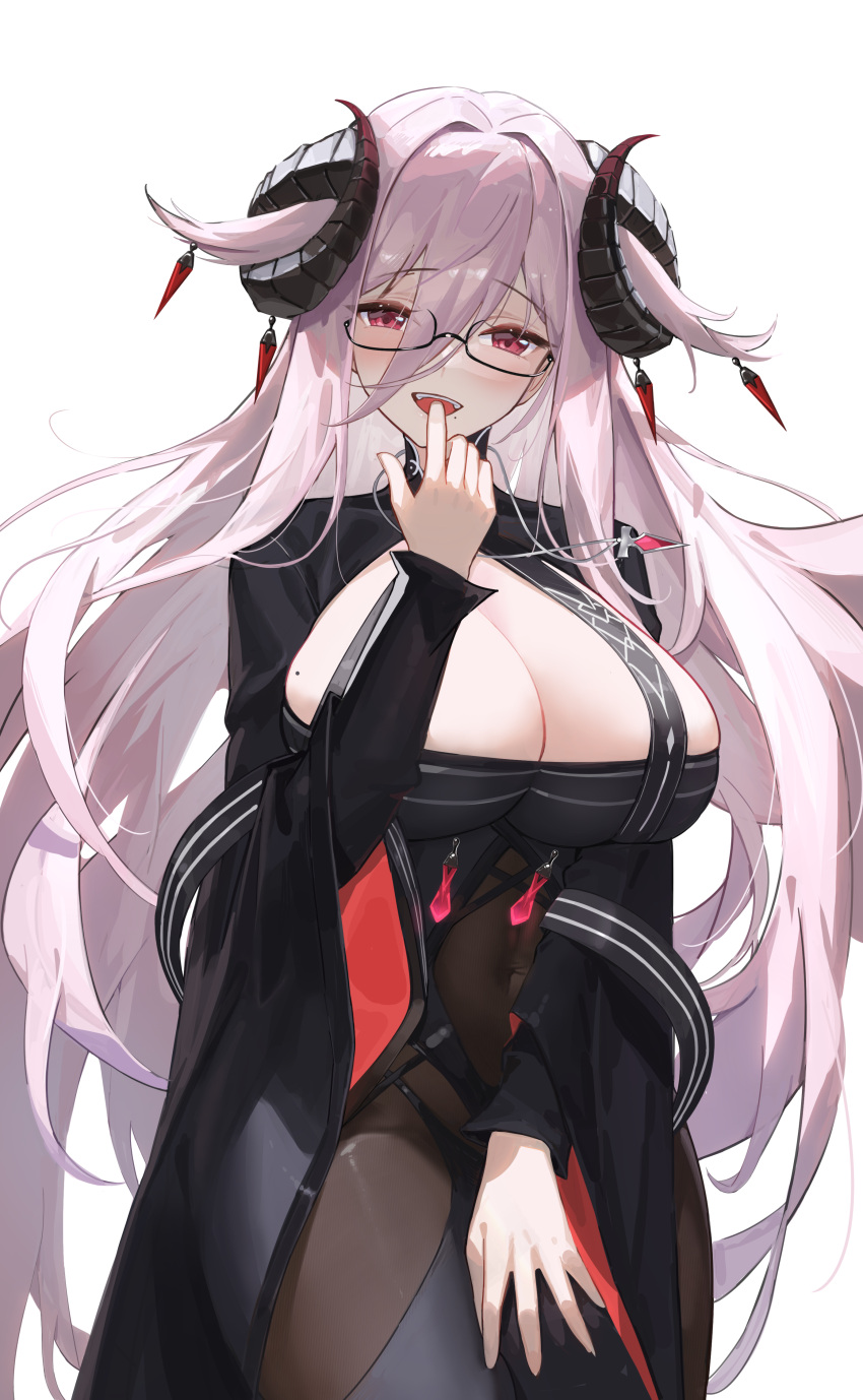 1girl absurdres azur_lane black-framed_eyewear black_horns breasts cleavage covered_navel cowboy_shot curled_horns finger_to_mouth forward_facing_horns friedrich_carl_(azur_lane) hair_between_eyes hair_ornament highres horn_ornament horns huge_breasts jojo_xiuxian long_hair long_sleeves looking_at_viewer mature_female mole mole_under_mouth open_mouth pink_hair purple_eyes rectangular_eyewear semi-rimless_eyewear simple_background solo very_long_hair white_background