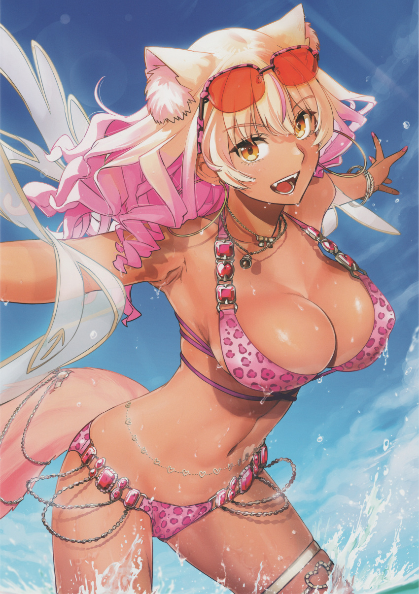 1girl absurdres animal_ear_fluff animal_ears armpits bikini blonde_hair blue_sky bracelet breasts brown_eyes cleavage cloud cloudy_sky day eyewear_on_head fangs fate/grand_order fate/grand_order_arcade fate_(series) fingernails highres jewelry large_breasts long_hair looking_at_viewer multicolored_hair nail_polish navel necklace open_mouth outdoors outstretched_arms pink_hair scan shiny_skin sky smile solo spread_arms stomach sunglasses suzuka_gozen_(fate) swimsuit tail takenoko_seijin tan teeth thigh_strap thighs water water_drop wet