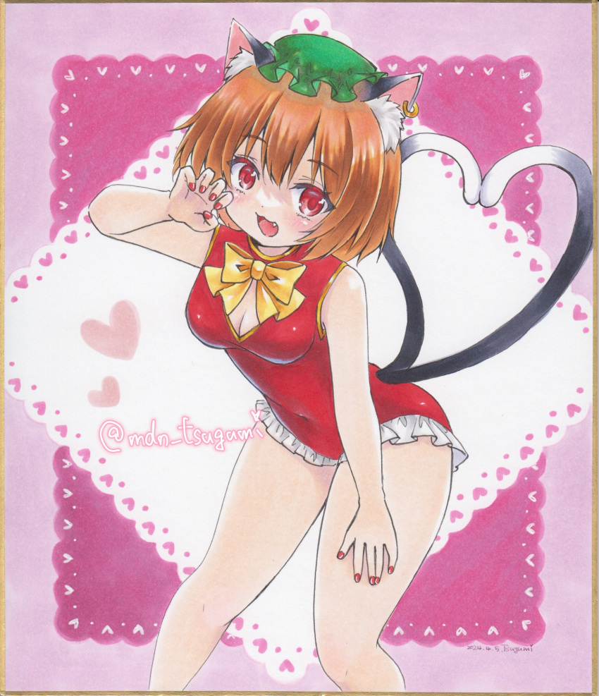 1girl :3 :d \||/ adapted_costume animal_ear_fluff animal_ear_piercing animal_ears bent_over blush bow bowtie breasts brown_hair cat_ears chen claw_pose cleavage cleavage_cutout clothing_cutout commentary_request covered_navel earrings fang feet_out_of_frame frills gold_trim hand_on_leg hand_up happy hat heart heart_tail highres jewelry leotard looking_at_viewer mdn_tsugumi medium_breasts mob_cap multiple_tails nail_polish nekomata open_mouth red_eyes red_leotard red_nails short_hair simple_background single_earring smile solo standing tail touhou two_tails yellow_bow yellow_bowtie