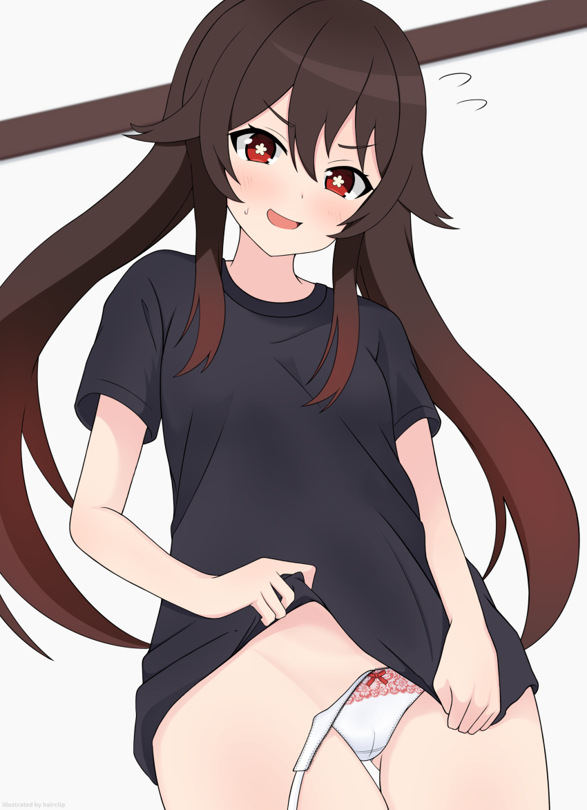 1girl absurdres ass_visible_through_thighs black_shirt blush bow bow_panties breasts brown_hair cameltoe flower-shaped_pupils flying_sweatdrops genshin_impact hair_between_eyes hairclip_(user_rasc5457) highres hu_tao_(genshin_impact) long_hair looking_at_viewer open_mouth panties red_eyes shirt side-tie_panties small_breasts smile solo standing symbol-shaped_pupils thigh_gap thighs twintails underwear untied_panties white_panties