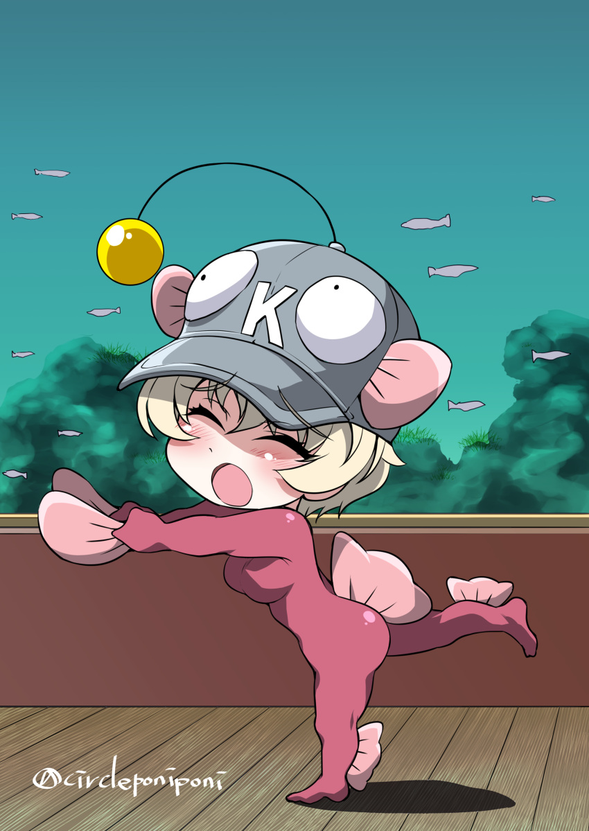 1girl absurdres anglerfish_costume ass baseball_cap blonde_hair blush bodysuit breasts chibi closed_eyes fish_tank flying_sweatdrops from_side girls_und_panzer grey_hat hat highres inoue_yoshihisa large_breasts lycoris_recoil meme open_mouth pink_bodysuit sakana~_(meme) short_hair solo twitter_username voice_actor_connection wakayama_shion youko_(girls_und_panzer)