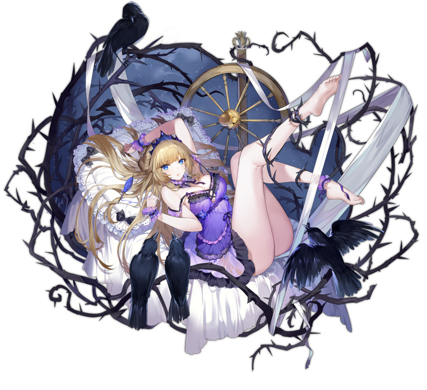 1girl ankle_cuffs ark_order babydoll bare_legs bare_shoulders barefoot bed_sheet bird black_bow blonde_hair blue_eyes bow breasts bridal_garter crow crown crystal flower full_body hair_bow hatoyama_itsuru large_breasts looking_at_viewer lying official_art on_back open_mouth pillow purple_babydoll rose sleeping_beauty sleeping_beauty_(ark_order) sleeping_beauty_(character) solo spindle spinning_wheel tachi-e thorns transparent_background white_flower white_rose wrist_cuffs