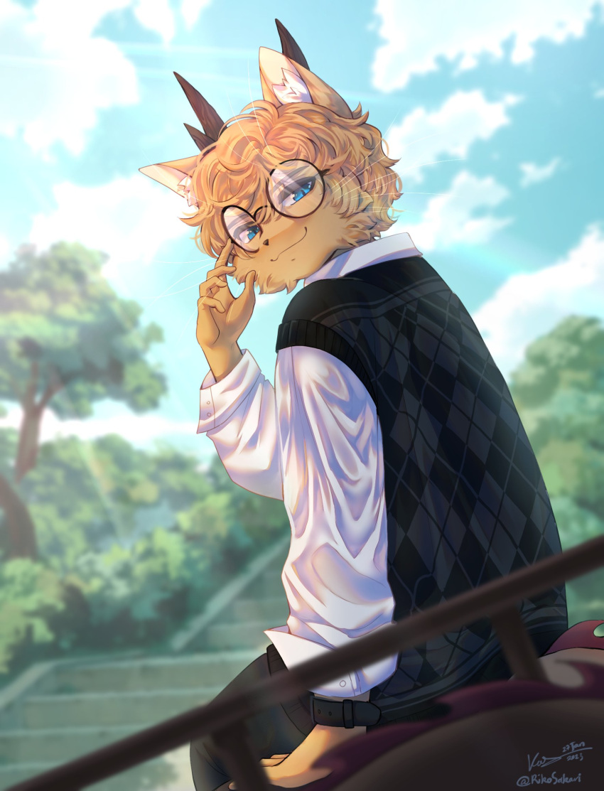 5_fingers anthro blue_eyes clothed clothing cloud dragon eyebrows eyewear felid feline fingers fur glasses hair hi_res horn hybrid inner_ear_fluff male mammal mythological_creature mythological_scalie mythology plant riko_sakari rikosakari scalie smile solo tail tree tuft