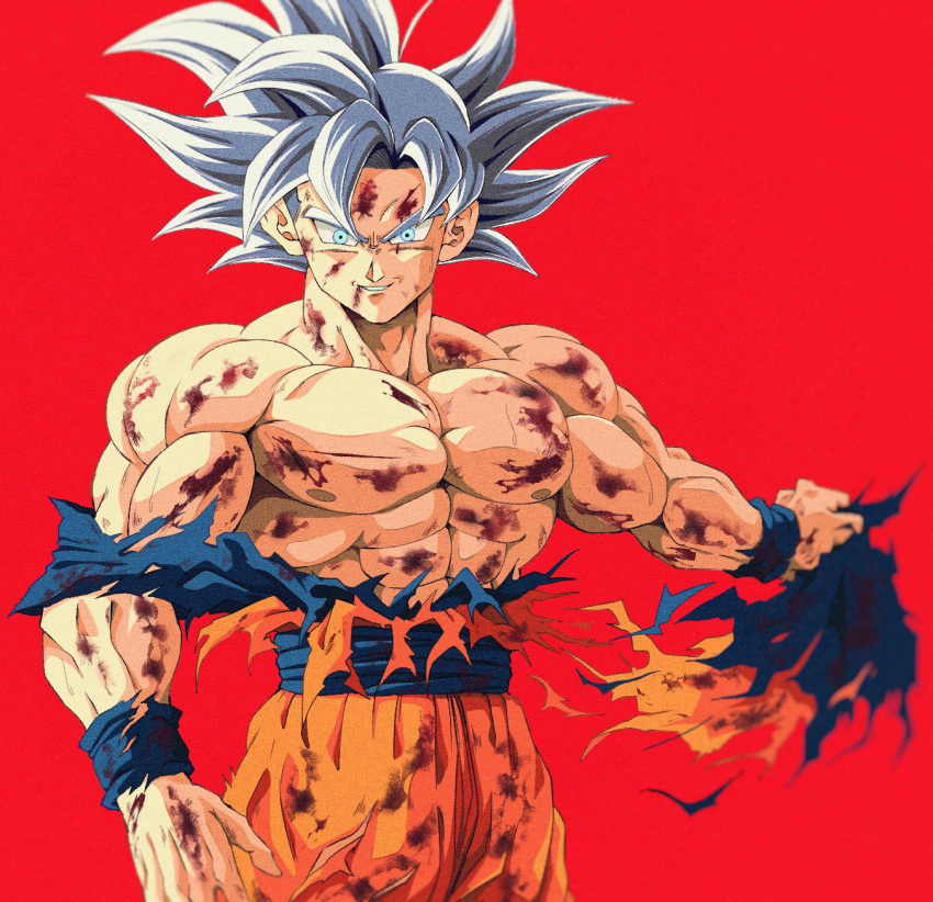 1boy blood blood_on_body blood_on_face blue_sash blue_shirt blue_wristband blurry blurry_background bure_(fantasticyouth7) cowboy_shot dougi dragon_ball dragon_ball_super highres looking_at_viewer muscular orange_pants orange_shirt pants red_background sash shirt smile son_goku topless torn_clothes torn_pants torn_shirt ultra_instinct white_eyes white_hair