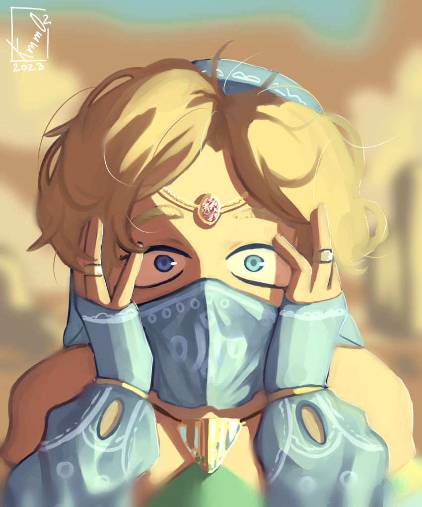 1boy absurdres artist_logo blonde_hair blue_eyes blurry blurry_background commentary covered_mouth dated desert_voe_set_(zelda) english_commentary highres jewelry kayummo link looking_at_viewer male_focus mask mouth_mask ring solo straight-on the_legend_of_zelda the_legend_of_zelda:_breath_of_the_wild upper_body