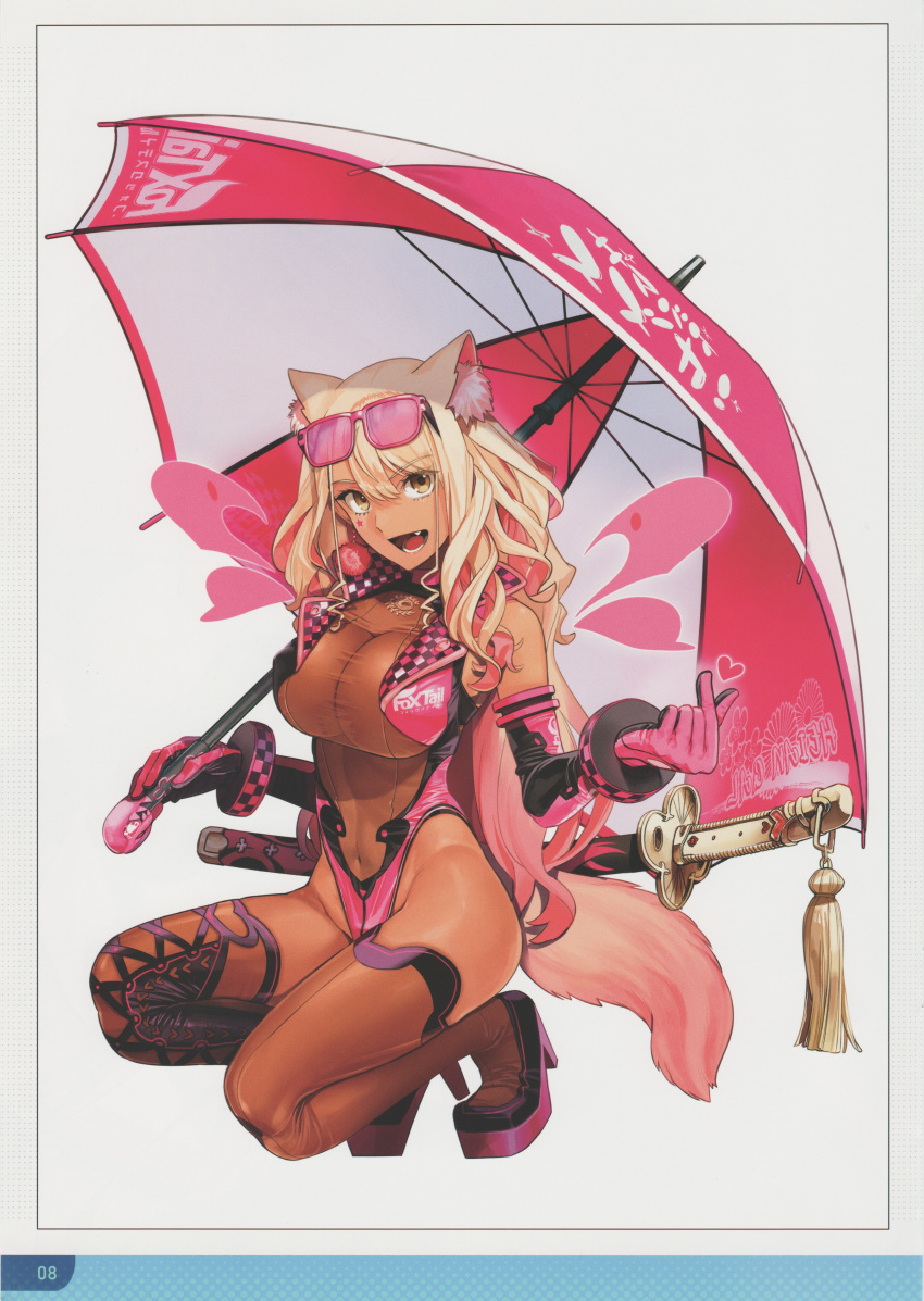 1girl absurdres animal_ears bare_shoulders blonde_hair breasts brown_eyes covered_navel elbow_gloves eyewear_on_head facial_tattoo fang fate/grand_order fate/grand_order_arcade fate_(series) full_body gloves high_heels highres holding holding_umbrella katana large_breasts leotard long_hair looking_at_viewer multicolored_hair open_mouth page_number pink_hair race_queen scan sheath sheathed simple_background sleeveless smile solo squatting sunglasses suzuka_gozen_(fate) sword tail takenoko_seijin tan tattoo teeth thighhighs thighs umbrella weapon white_background