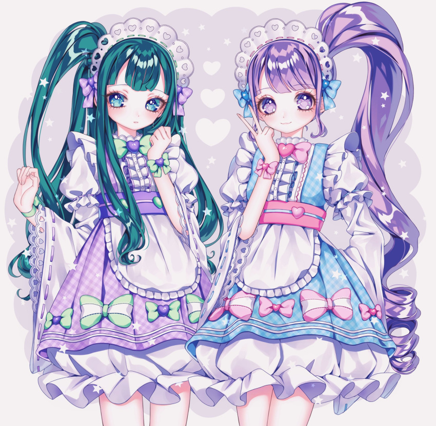 2girls adapted_costume ao_(ao0_0nemu) apron bad_id bad_twitter_id blue_dress blue_eyes blunt_bangs bow closed_mouth commentary_request cowboy_shot dress frilled_apron frilled_dress frills green_hair hand_up hands_up highres long_hair long_sleeves looking_at_viewer maid_headdress manaka_non multiple_girls pink_bow pretty_series pripara puffy_sleeves purple_dress purple_eyes purple_hair side_ponytail smile standing tsukikawa_chili v very_long_hair white_apron wide_sleeves