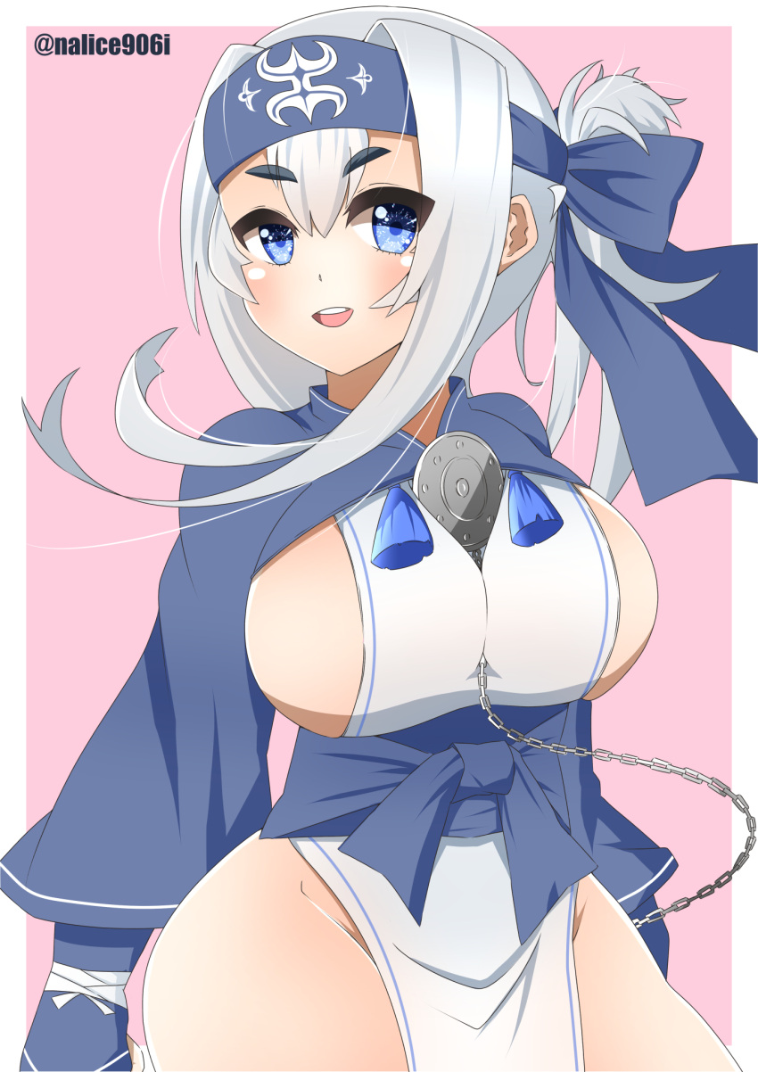 1girl ainu_clothes bandana blue_eyes blush border breasts cropped_jacket dress folded_ponytail hair_between_eyes headband highres kamoi_(kancolle) kantai_collection large_breasts long_hair long_sleeves looking_at_viewer nalice906i open_mouth pelvic_curtain pink_background sideboob smile solo thick_eyebrows twitter_username white_border white_hair wrist_guards