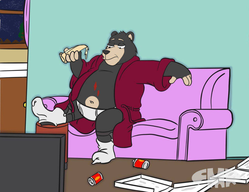 accessory anthro bathrobe bear black_body black_eyes black_fur briefs clothing container dom_(foxmanad) drink_cans eating food food_on_fur footwear foxmanad fur furniture garter green_walls half-closed_eyes hi_res holding_food holding_object holding_pizza inside male mammal maroon_bathrobe messy_room monotone_briefs monotone_clothing monotone_underwear narrowed_eyes open_bathrobe pantsless_anthro pantsless_male pizza pizza_box pizza_sauce purple_sofa red_bathrobe red_clothing red_robe robe signature socks sofa solo tighty_whities underwear watching_tv white_briefs white_clothing white_footwear white_socks white_underwear window