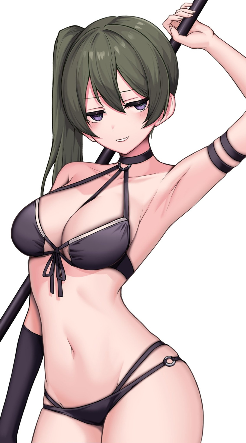 1girl arm_at_side arm_strap arm_up armlet armpits bare_shoulders bikini black_bikini black_choker breasts choker cleavage collarbone commentary cowboy_shot curvy double-parted_bangs front-tie_bikini_top front-tie_top gloves green_hair groin hair_between_eyes halterneck highres holding holding_weapon jitome kushinaka light_blush long_hair looking_at_viewer mage_staff medium_breasts navel o-ring o-ring_bikini o-ring_choker parted_lips purple_eyes side_ponytail simple_background single_glove skindentation smile solo sousou_no_frieren string_bikini swimsuit ubel_(sousou_no_frieren) weapon white_background