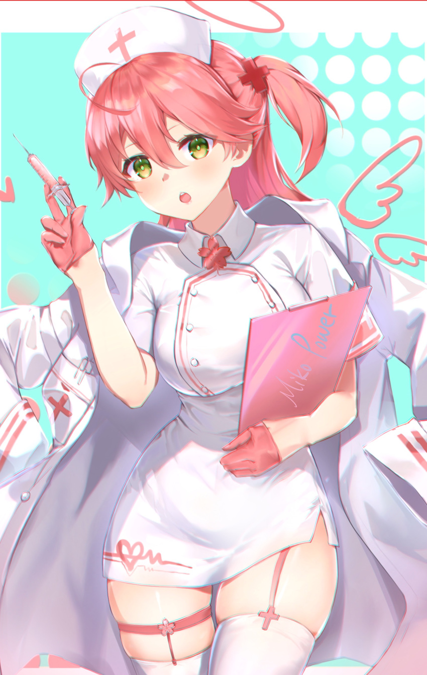 1girl absurdres alternate_costume buttons character_name chestnut_mouth cross_print gloves green_eyes half_gloves hat heart highres hololive jacket jacket_on_shoulders lims_(neko2lims) looking_at_viewer nurse nurse_cap open_mouth pink_gloves pink_hair sakura_miko solo syringe thighhighs virtual_youtuber wing_print